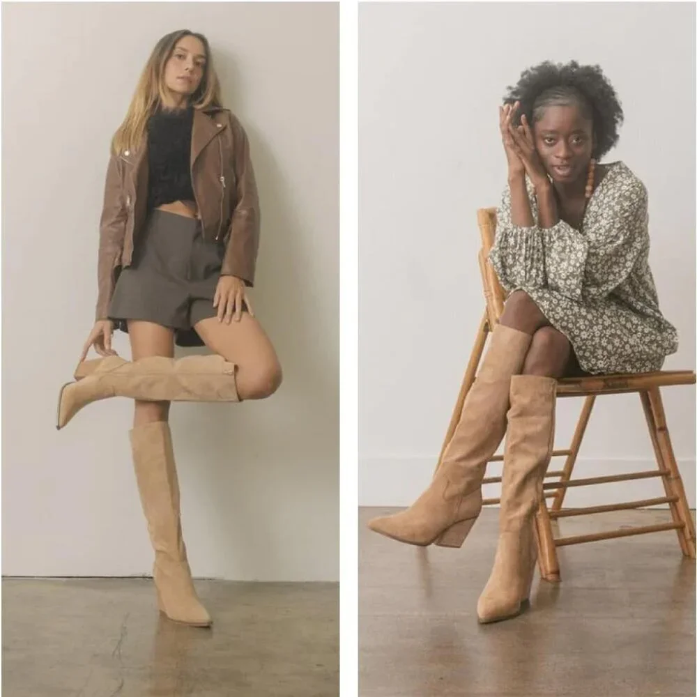 Womens Suede Apcicot Side Zipper Knee High Pointed Toe Tall Slouchy Boots